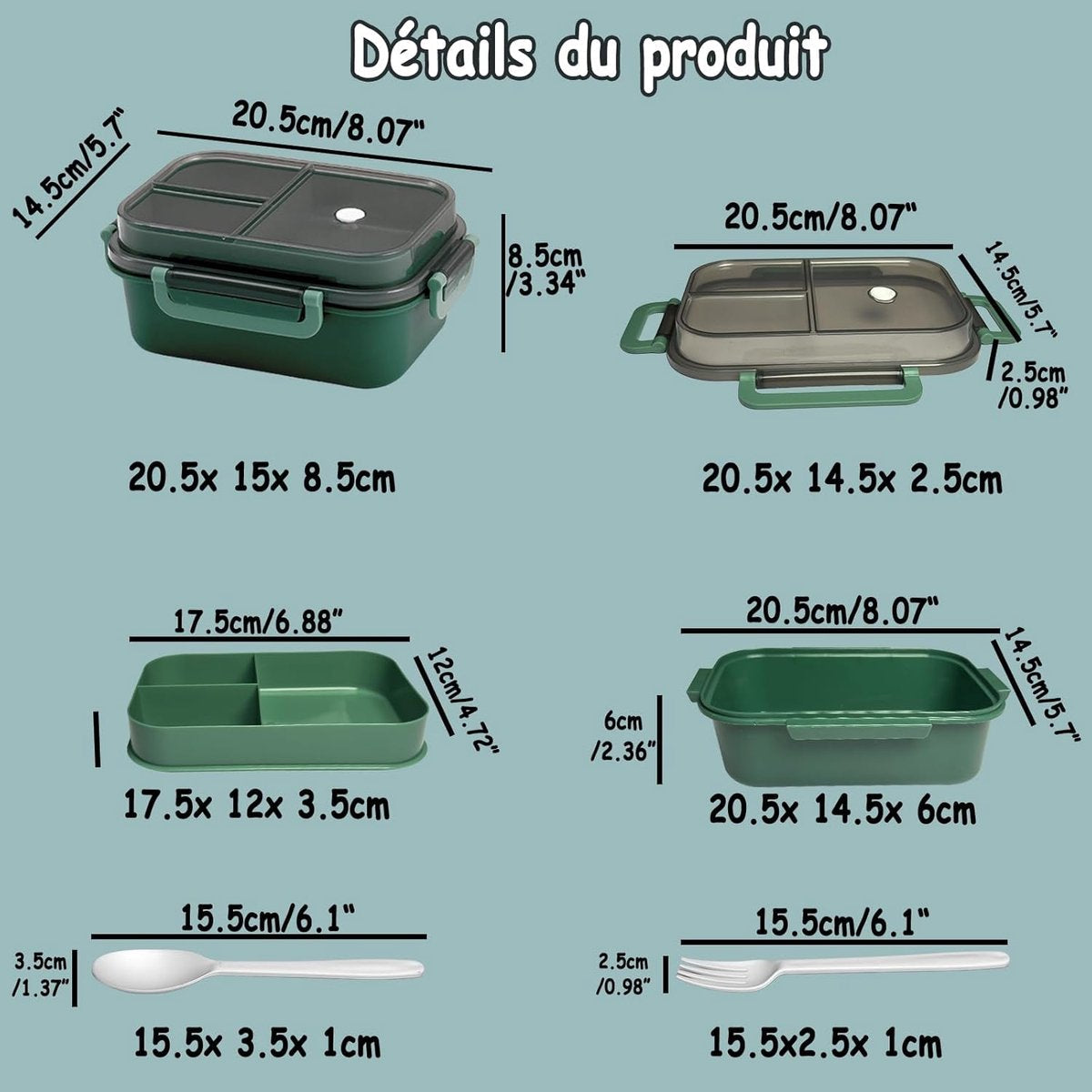 Lunch box - Adult lunch box - Salad lunch box - Compartmentalized lunch box - Integrated 2-layer lunch box - Leakproof lunch box - With cutlery - For work - School - Picnic (vegetables)