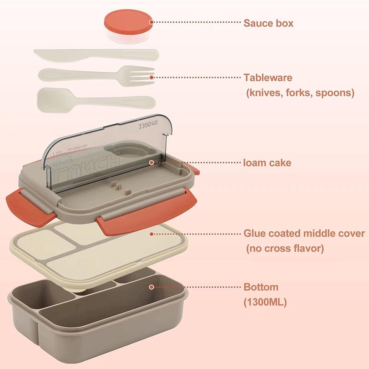 Lunch boxes - Lunch box - Adult lunch box - Children's lunch box - 1300 ml stackable for adults - Leakproof container with compartments - 4-in-1 lunch box, gravy boat and cutlery - Microwave and dishwasher safe (beige)