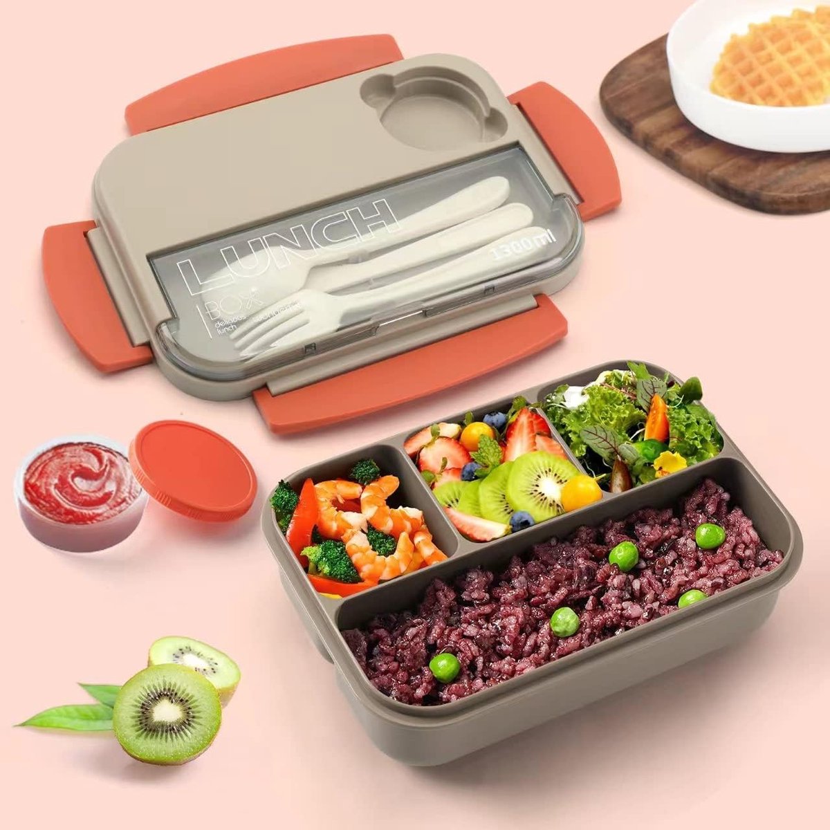 Lunch boxes - Lunch box - Adult lunch box - Children's lunch box - 1300 ml stackable for adults - Leakproof container with compartments - 4-in-1 lunch box, gravy boat and cutlery - Microwave and dishwasher safe (beige)
