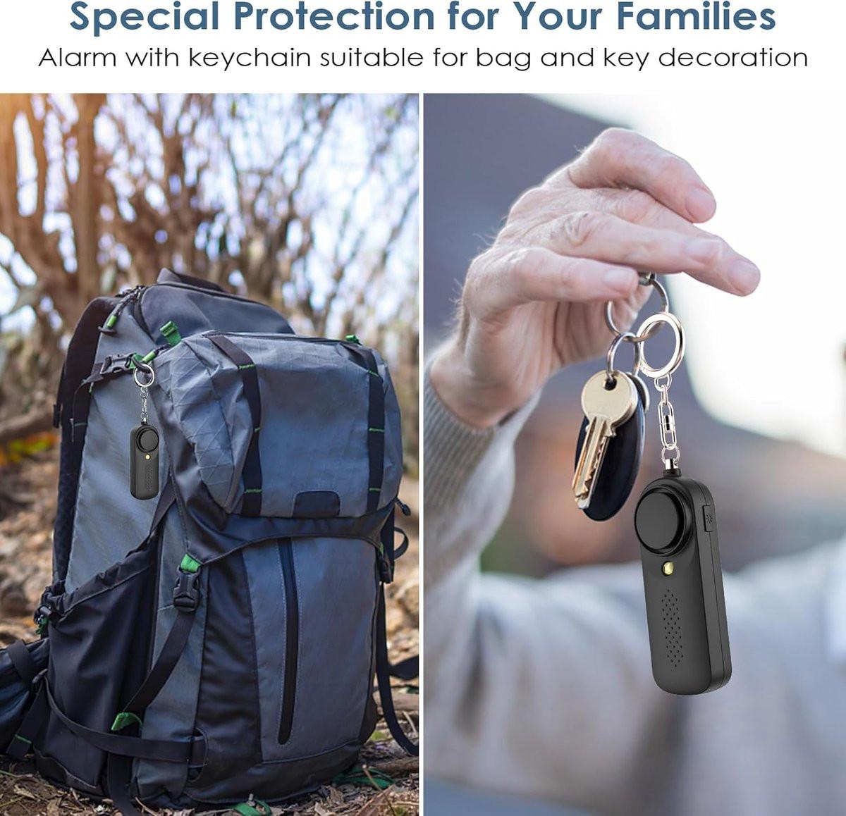 Personal Alarm - 130 dB - Security Siren - Self-Defense Siren - With LED Light-Up Keyring - For Children, Women, Students and Seniors (Black).