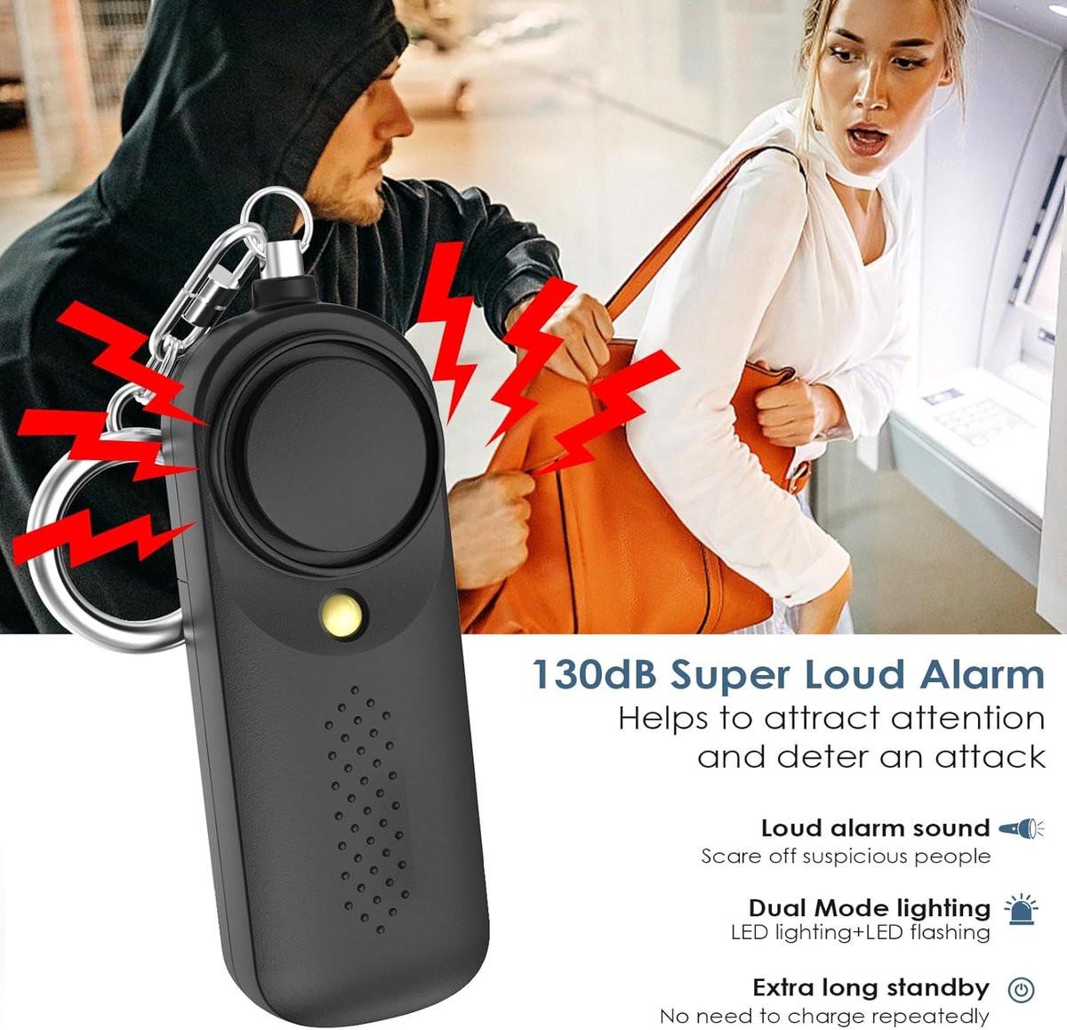 Personal Alarm - 130 dB - Security Siren - Self-Defense Siren - With LED Light-Up Keyring - For Children, Women, Students and Seniors (Black).
