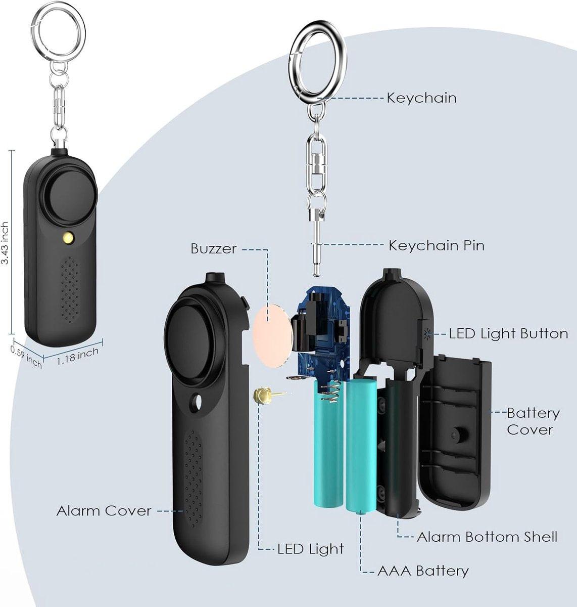 Personal Alarm - 130 dB - Security Siren - Self-Defense Siren - With LED Light-Up Keyring - For Children, Women, Students and Seniors (Black).