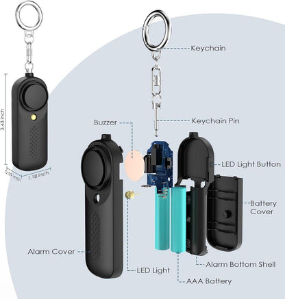 Personal Alarm - 130 dB - Security Siren - Self-Defense Siren - With LED Light-Up Keyring - For Children, Women, Students and Seniors (Black).