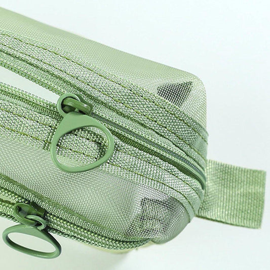 Double-layer mesh pencil case, large capacity pencil case, transparent pencil case for students, green.