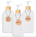 Set of 3 pump bottles, 500 ML, White, plastic and bamboo soap dispenser, refillable shampoo bottle.