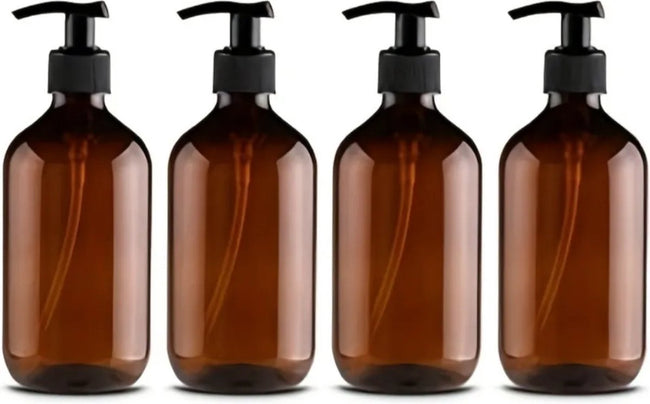 Set of 4 pump bottles 500 ML, transparent brown plastic soap dispenser, refillable shampoo bottle. Hover Image