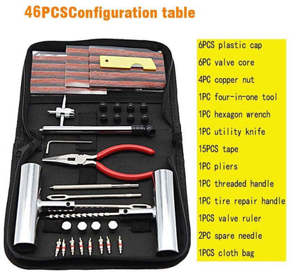 46-piece set - Rim repair kit - for motorcycle, moped or car - Tire repair kit - Complete repair kit for car and motorcycle - 20.5 x 14.5 x 4.5 cm.