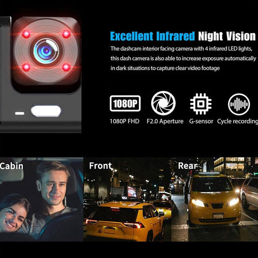 Dashcam - Dual lens 1080p - HD video recorder, wide viewing angle - Loop recording - For safety while driving, parking and traveling.