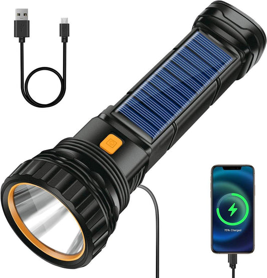 Solar Flashlight - Solar LED Flashlight - USB Rechargeable Solar Flashlight - Emergency Flashlight - 1200 mAh LED Flashlight with 3 Modes - Waterproof LED Flashlight Ideal for Outdoor Fishing Emergencies.