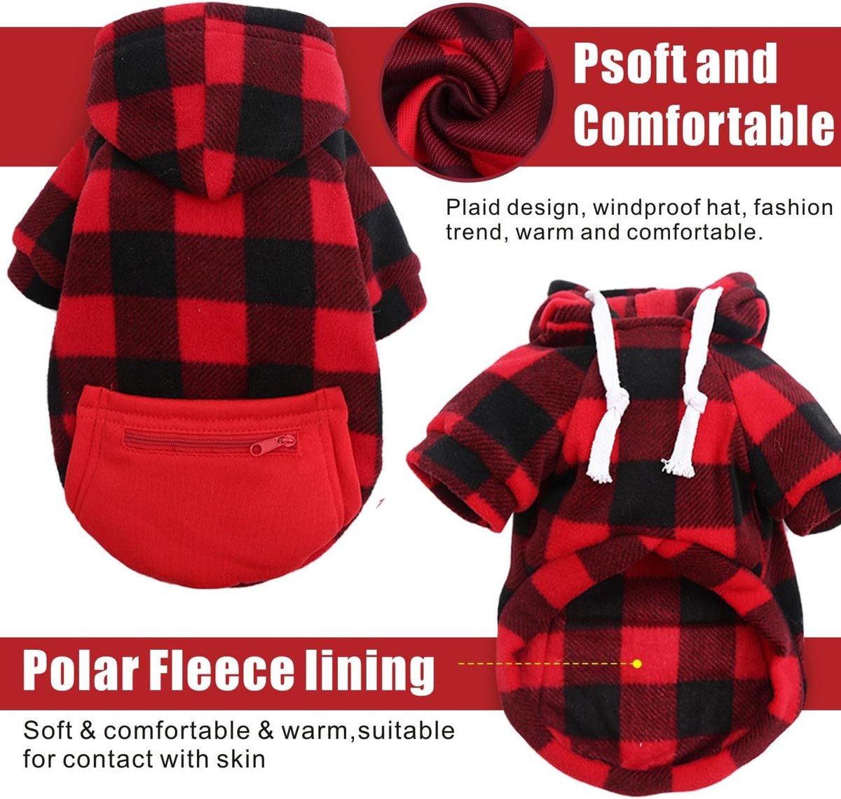 Dog Coat - Plaid Sweater - Warm Dog Coat - Zippered Pockets - Soft Brushed Fleece Hoodie - Winter Coat for Small Dogs - Perfect from Sizes S to 3XL - Warm Dog Clothes - Dog Outerwear