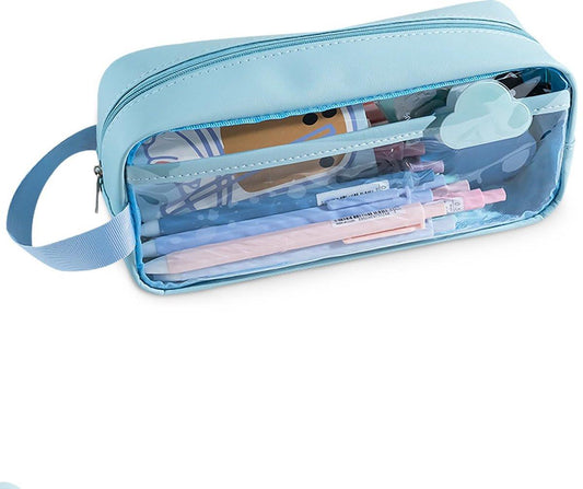 Transparent pencil case - Blue - Groot - 21 x 9 x 7 cm - For School, Boys, Girls and Adults - Pencil Case.