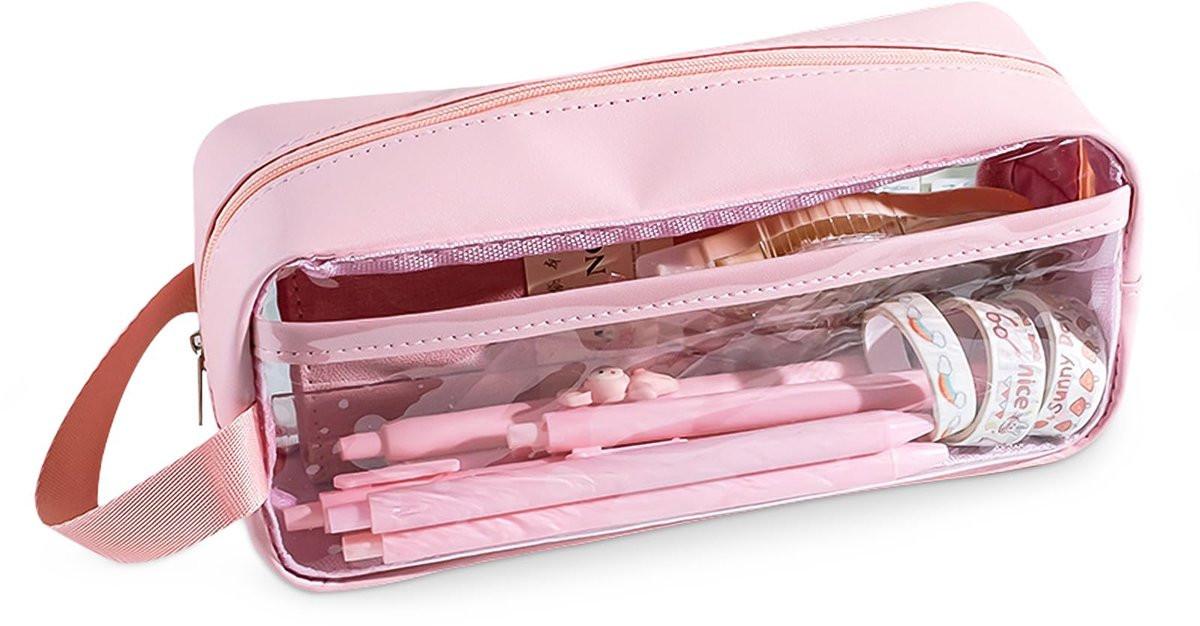 Transparent Pencil Case - Pink - Groot - 21 x 9 x 7 cm - For School, Boys, Girls and Adults - Pencil Case.