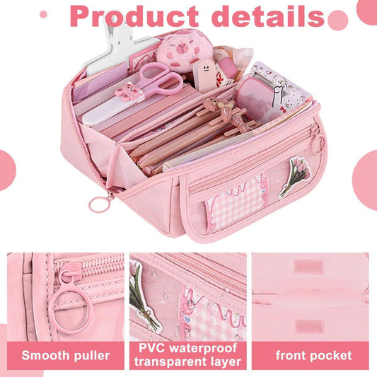 Pencil case - Pencil case for boys and girls - 20x8.5x8.5 cm - Canvas - Linen - Large capacity - School pencil case - pink.