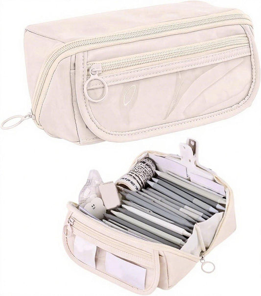 Pencil case - Pencil case for boys and girls - 20x8.5x8.5 cm - Canvas - Linen - Large capacity - School pencil case - Beige.