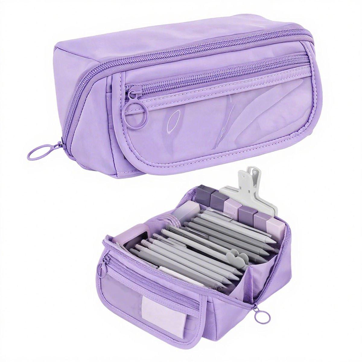 Pencil case - Pencil case for boys and girls - 20 x 8.5 x 8.5 cm - Canvas - Linen - Large capacity - School pencil case - Purple.