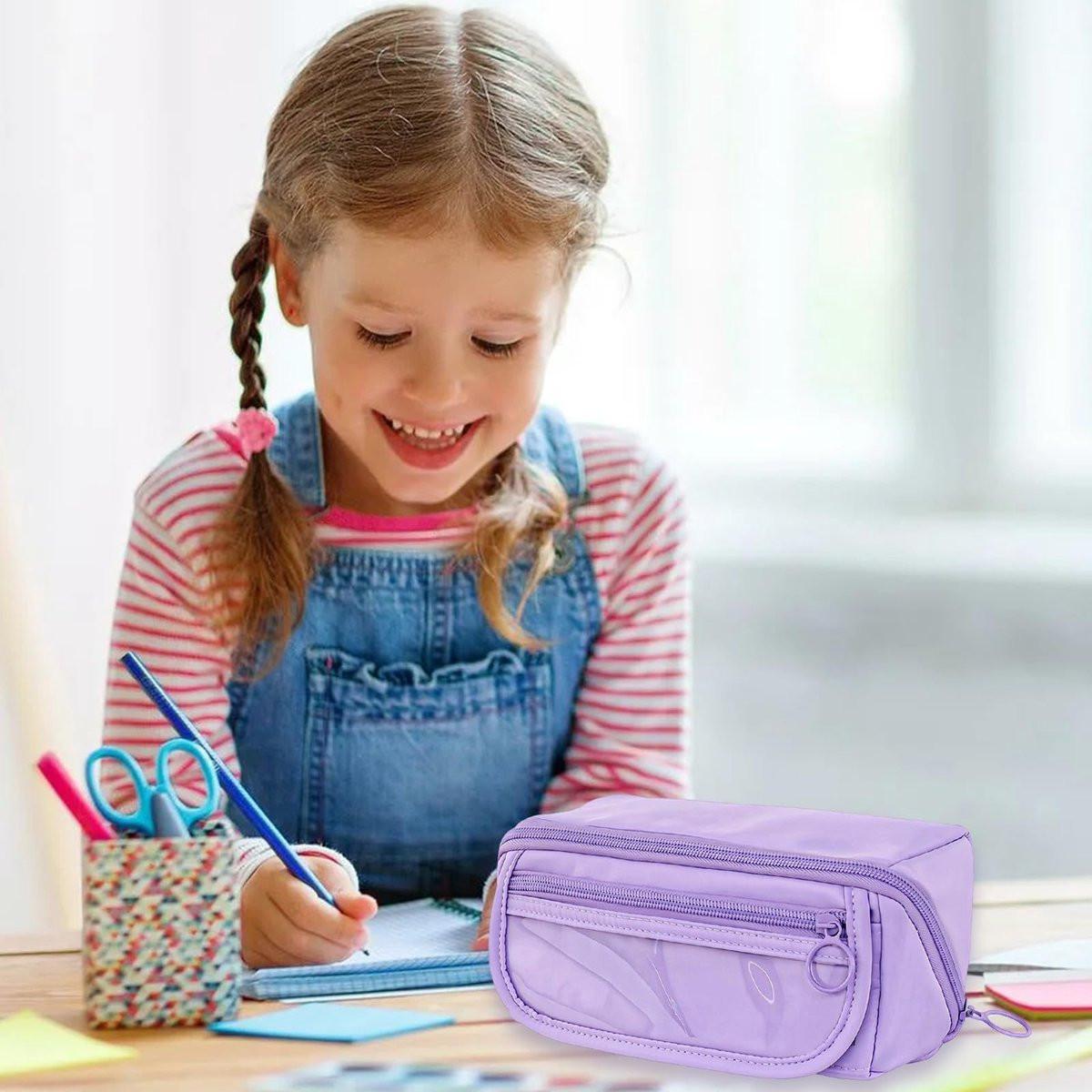 Pencil case - Pencil case for boys and girls - 20 x 8.5 x 8.5 cm - Canvas - Linen - Large capacity - School pencil case - Purple.