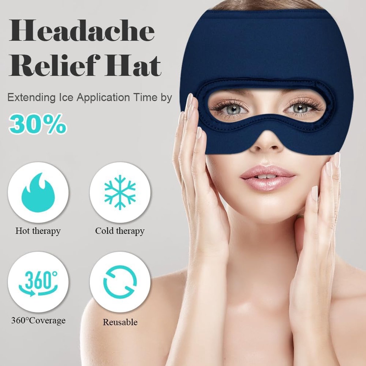 Migraine Relief Hat - Eye Mask - Cooling Eye Mask - Headache Relief - Hot & Cold Pack - 3-in-1 Pain Relief Mask - with Removable Eye Mask - Reusable - Migraine Relief Hat - Blue