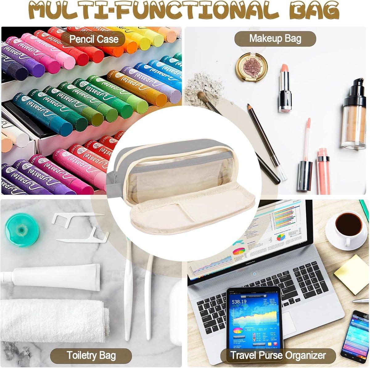 Pencil case, large capacity, suitable for boys and girls, waterproof, expandable, toiletry bag, makeup bag and office supplies, gray.