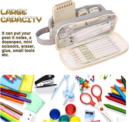 Pencil case, large capacity, suitable for boys and girls, waterproof, expandable, toiletry bag, makeup bag and office supplies, gray.