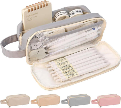 Pencil case, large capacity, suitable for boys and girls, waterproof, expandable, toiletry bag, makeup bag and office supplies, gray.