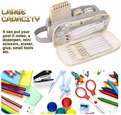 Pencil Case - Large Capacity - Waterproof and Expandable - Pencil Case for Boys and Girls - School Supplies - Suitable for Stationery, Makeup, Cosmetics, Travel, and Office Supplies - Beige.