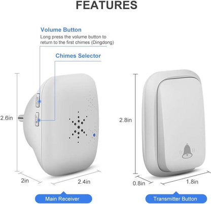 Wireless Doorbell - Doorbells - Wireless Doorbell - Standalone Doorbell - No Battery Required - Wireless Doorbell - 150m Range, Waterproof Button - With 38 Ringtones - 4 Volume Levels and LED - With.