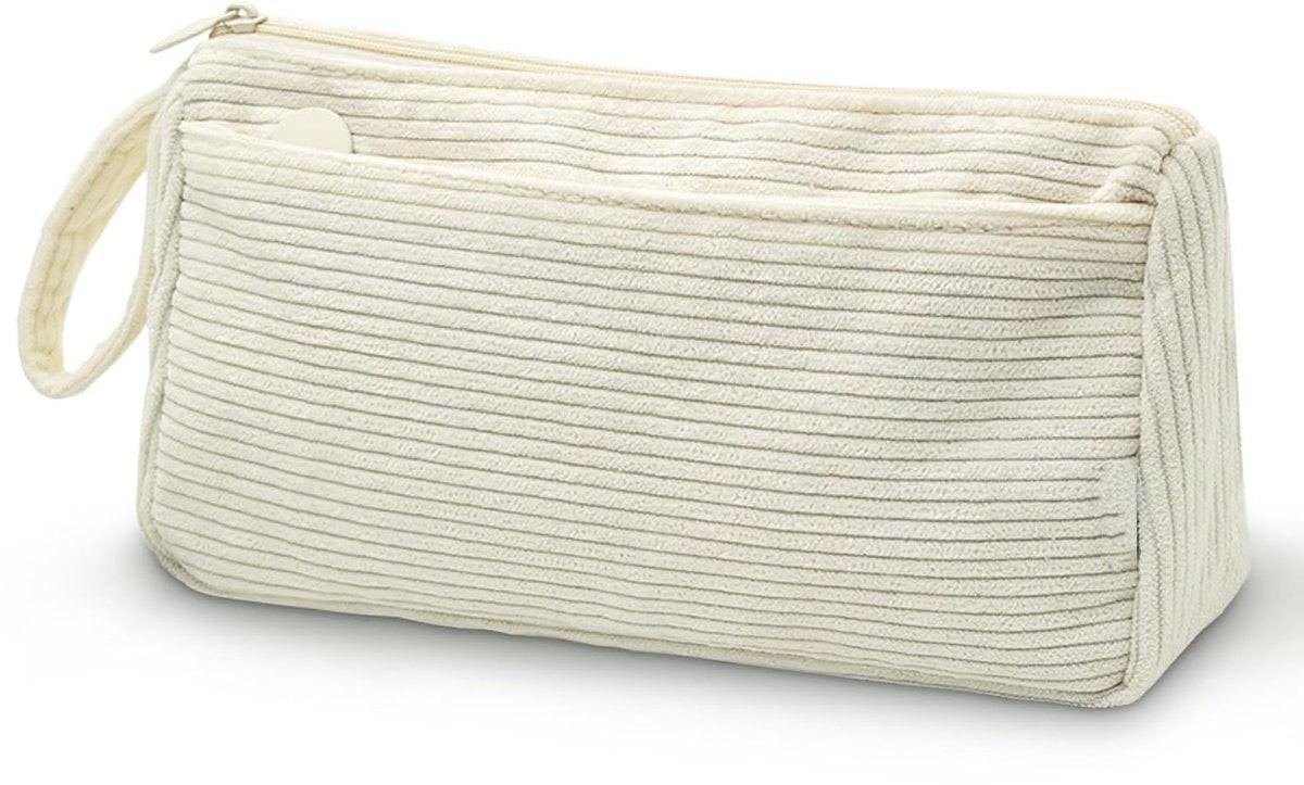 Corduroy Pencil Case - Pretty pencil case with a practical zipper - Makeup bag - Suitable for school-aged teenagers, boys and girls - white.