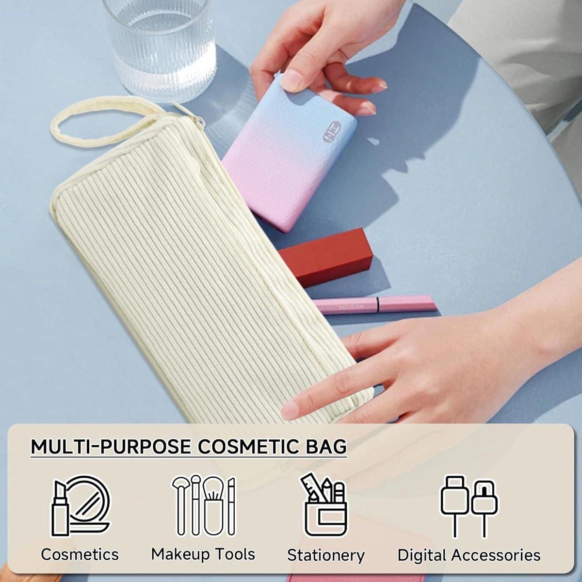 Corduroy Pencil Case - Pretty pencil case with a practical zipper - Makeup bag - Suitable for school-aged teenagers, boys and girls - white.