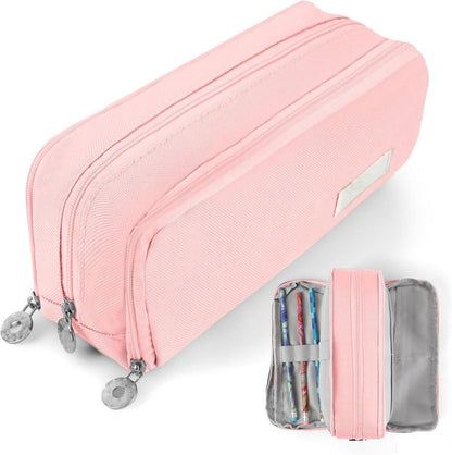 Pencil case - Boy's pencil case - Girl's pencil case - School cases - Large pencil case - 3-compartment pencil case - School supply organizer - For boys and girls (pink).