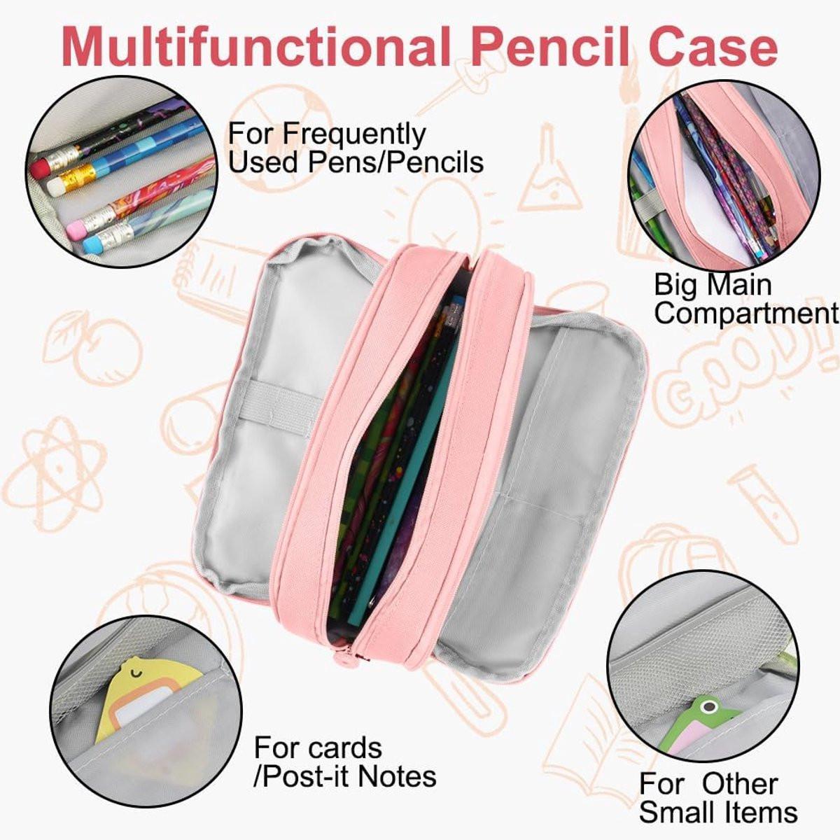 Pencil case - Boy's pencil case - Girl's pencil case - School cases - Large pencil case - 3-compartment pencil case - School supply organizer - For boys and girls (pink).