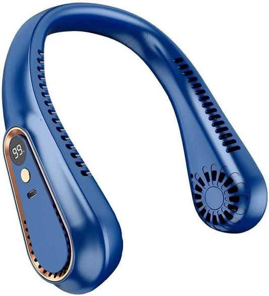 Portable neck fan, USB rechargeable, wireless and bladeless cooling, cool air blowing fans, digital display (blue).