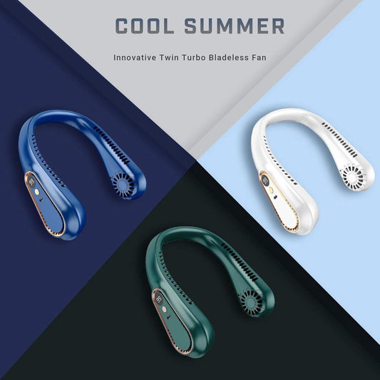 Portable neck fan, USB rechargeable, wireless and bladeless cooling, cool air blowing fans, digital display (blue).