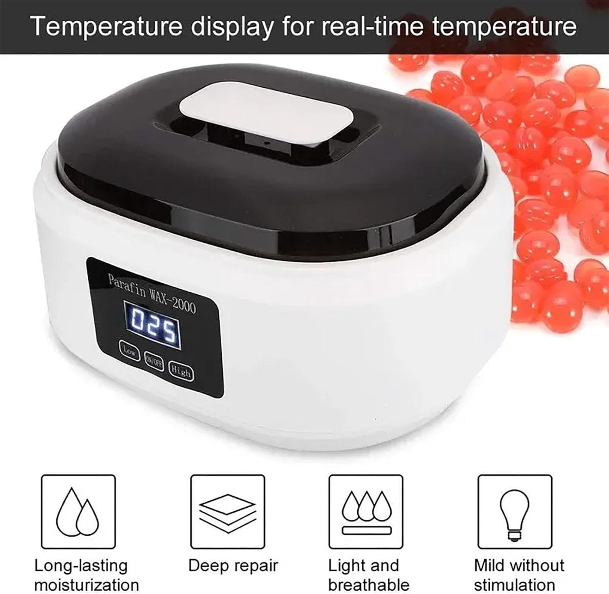 Paraffin wax warmer - Candle wax melting pot with handle and heat-insulating plate - Fast and adjustable heating - 2 speeds - Large 2000ml capacity and easy to use - For skin treatment (Wit)