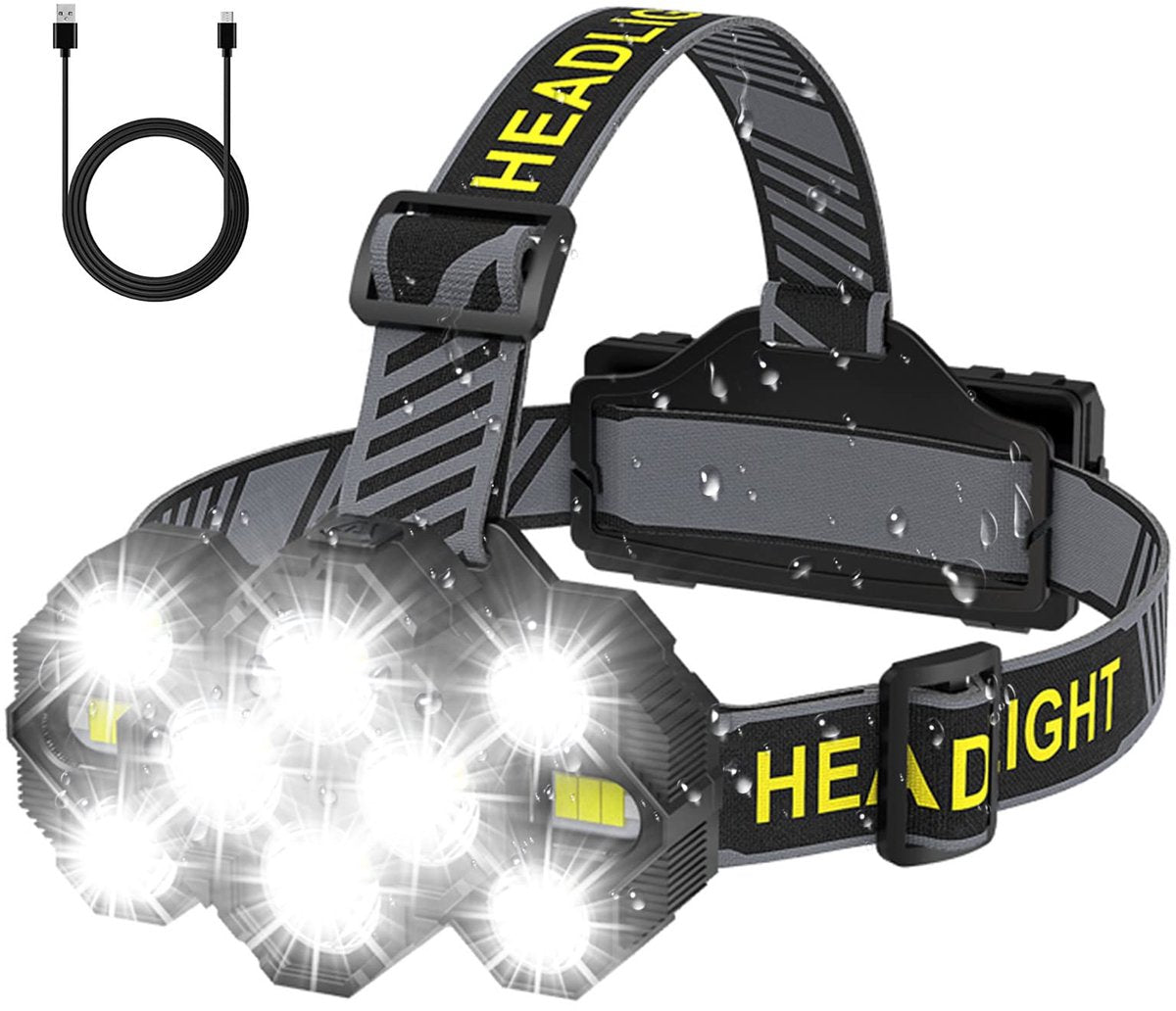 Headlamp - Rechargeable LED Headlamp - 10 LEDs - Extra powerful - 1000 lumens - 150-meter beam distance - Adjustable.