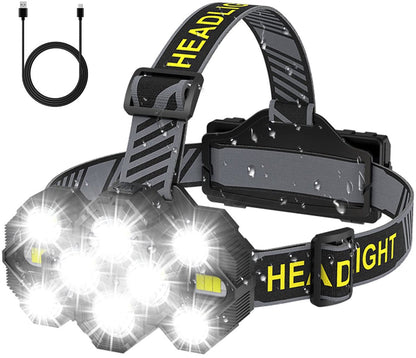 Headlamp - Rechargeable LED Headlamp - 10 LEDs - Extra powerful - 1000 lumens - 150-meter beam distance - Adjustable.
