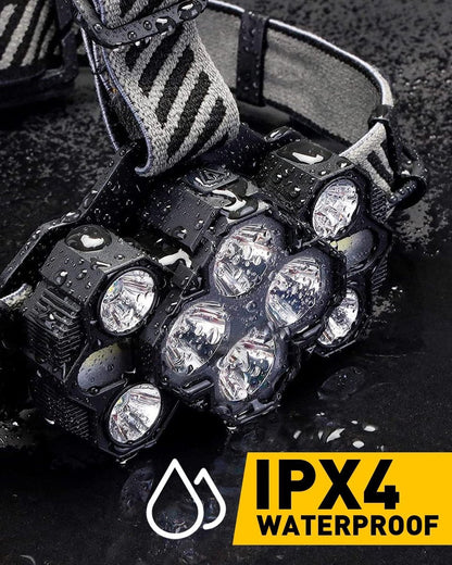 Headlamp - Rechargeable LED Headlamp - 10 LEDs - Extra powerful - 1000 lumens - 150-meter beam distance - Adjustable.