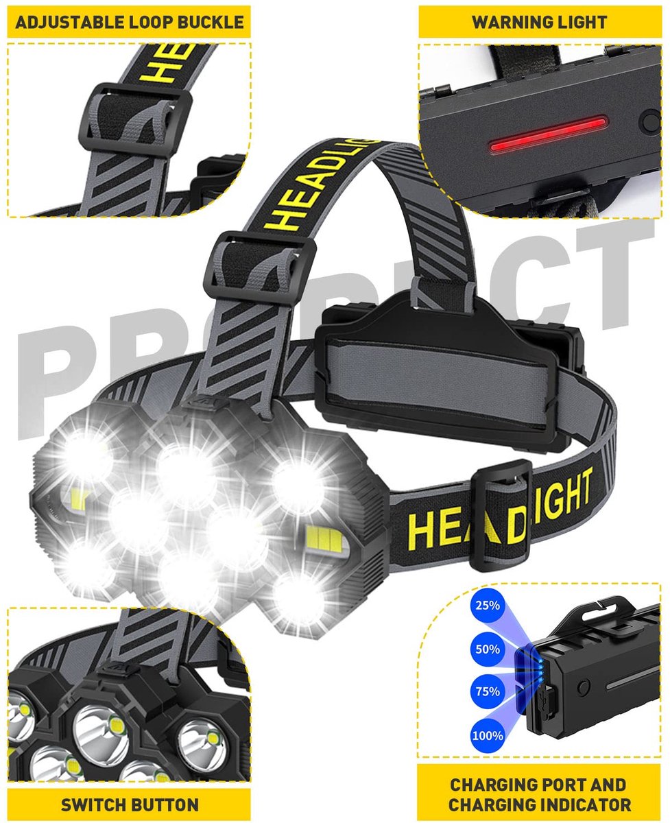 Headlamp - Rechargeable LED Headlamp - 10 LEDs - Extra powerful - 1000 lumens - 150-meter beam distance - Adjustable.