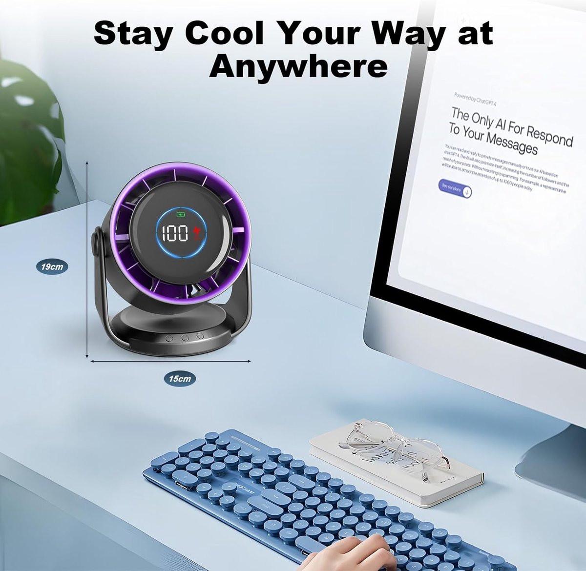 Fan - Rechargeable table fan - Silent USB fan - 100 speeds with memory function - LED display - 115Â° rotation - Hanging fan - For bedroom, office, kitchen, camping [grey].