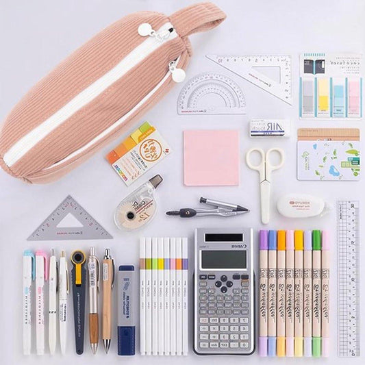 Corduroy Pencil Case - Pretty pencil case with a practical zipper - Makeup bag - Suitable for Boys and Girls - Grey.