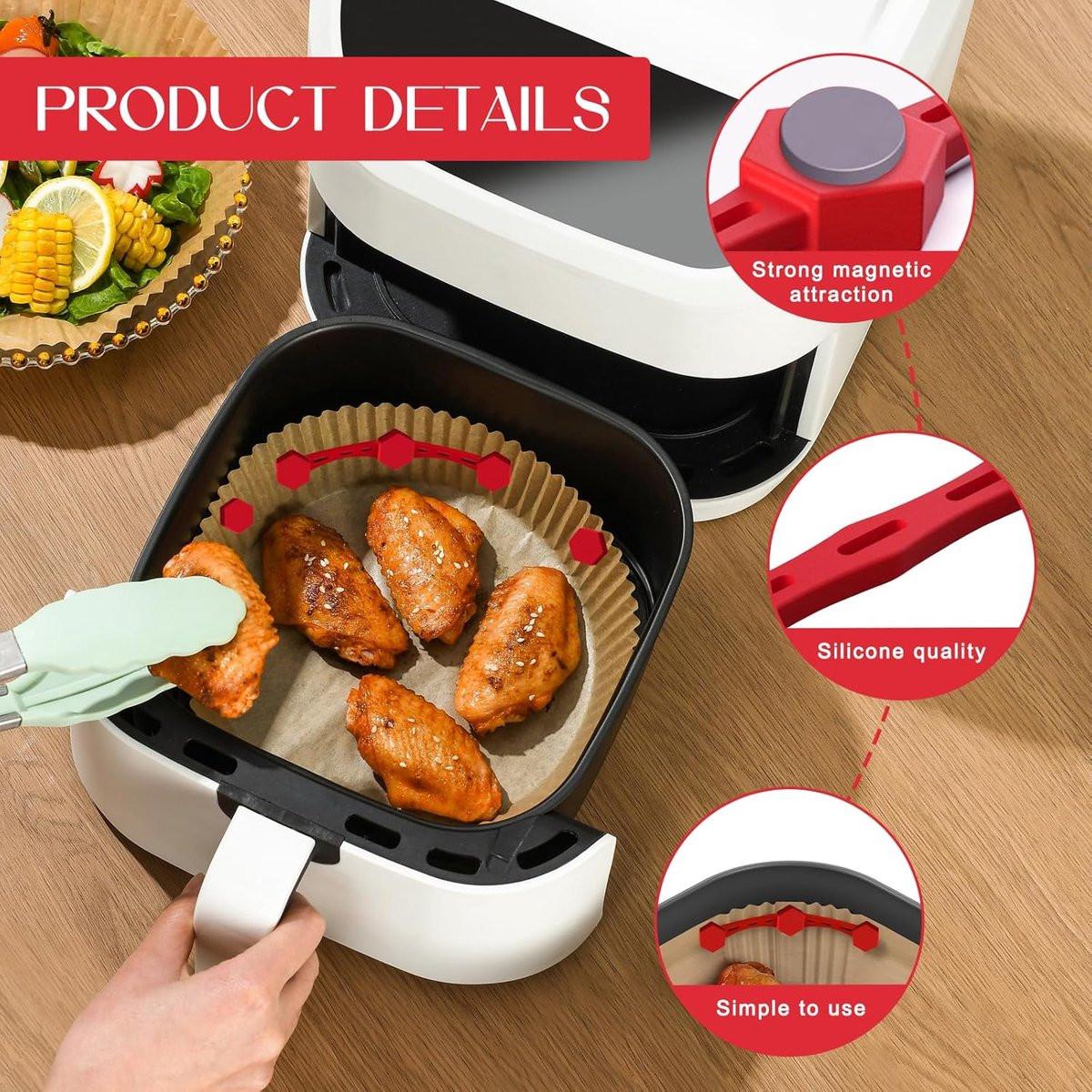 2 pcs Airfryer Silicone Magnetic Loops - Parchment Paper and Disposable Liners - Airfryer Silicone Magnetic Strips - Ideal for Airfryer Accessories - Prevents the paper from burning on contact with the heating element - Red.