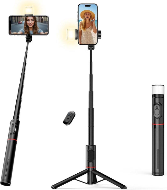 Selfie stick - Phone tripod - Tripod with auxiliary light - Mobile phone holder - With lighting function - Remote control - 75mm aluminum phone holder - Selfie stick for smartphones.