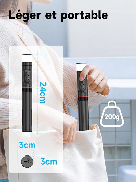 Selfie stick - Phone tripod - Tripod with auxiliary light - Mobile phone holder - With lighting function - Remote control - 75mm aluminum phone holder - Selfie stick for smartphones.