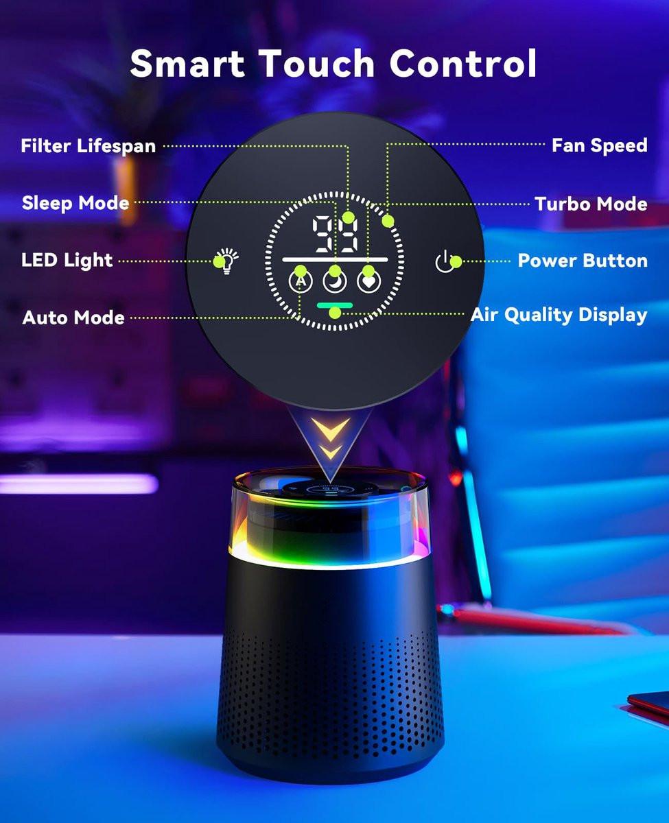 Air purifier - Air purifier with LED - Negative ion air purifier - Home air purifier - Negative ion air purifier - Deodorizer - Ionizer - Black.