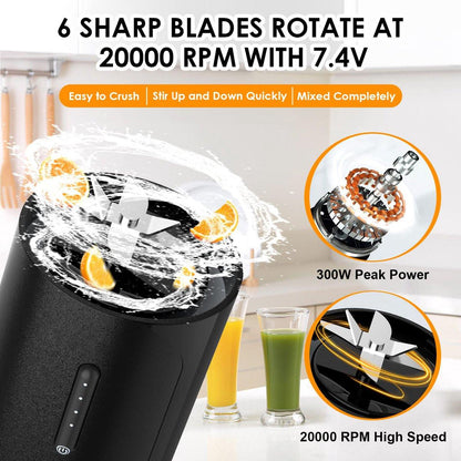 Portable Blender - Blender - Mini Blender - On-the-Go Blender - Mini Juicer - Smoothie Maker - 450 ml - For milkshakes and smoothies, 6-blade mini blender, mini blender, magnetic charger - Black.