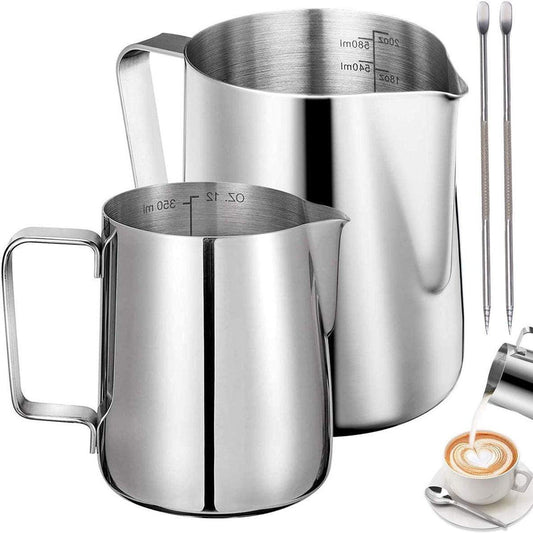 Stainless steel milk jug, 2 pieces, frothers, pitchers, 350 ml, 600 ml, stainless steel milk jug, milk, frothing pitcher, box with 2 barista pens, measuring marks for.