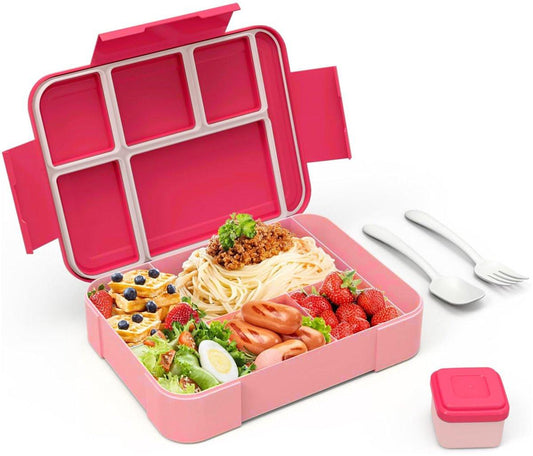 Lunch Box - Bento Box - Lunch Box - Adult Lunch Box - Children's Lunch Box - With 5 Compartments - Durable - Microwave/Dishwasher Safe - Ideal for Meals at Restaurants, Work, School - Pink.