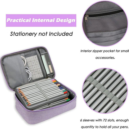AMGOMH 72-slot pencil case, large capacity, student stationery, colored pencils, with inner pocket for small gadgets (purple).