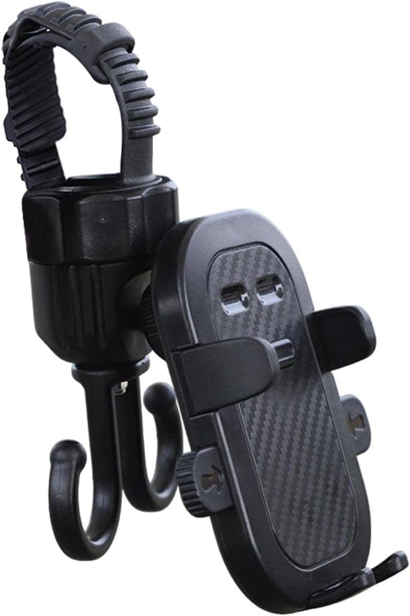 Phone holder for bicycle, stroller, portable stroller hanger, 2-in-1 shopping trolley hook, shopping bag holder, sturdy and adjustable, compatible with most strollers and bicycles.