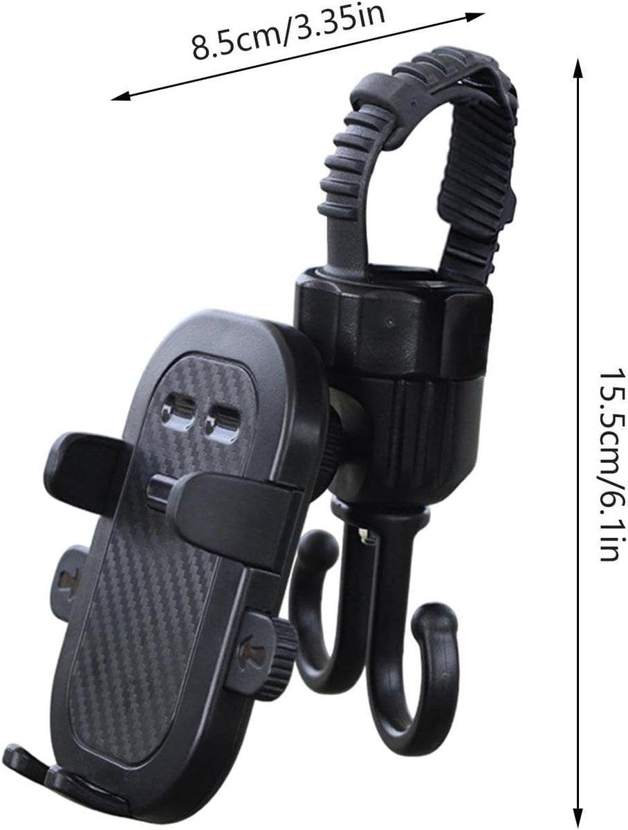 Phone holder for bicycle, stroller, portable stroller hanger, 2-in-1 shopping trolley hook, shopping bag holder, sturdy and adjustable, compatible with most strollers and bicycles.