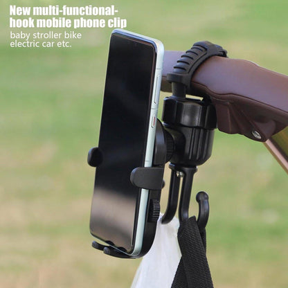 Phone holder for bicycle, stroller, portable stroller hanger, 2-in-1 shopping trolley hook, shopping bag holder, sturdy and adjustable, compatible with most strollers and bicycles.